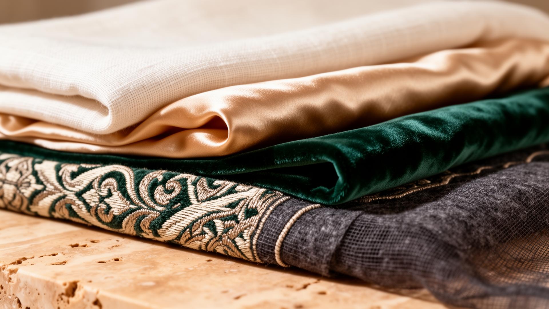 Curated stack of luxury curtain fabrics — linen, silk, velvet, jacquard