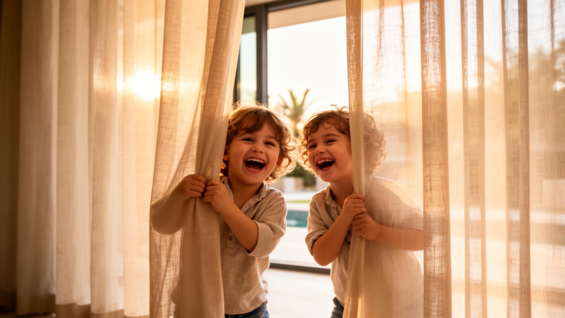 Two young children laughing as they play peekaboo behind soft, half-drawn linen sheer curtains in a sunlit Dubai villa living room.
