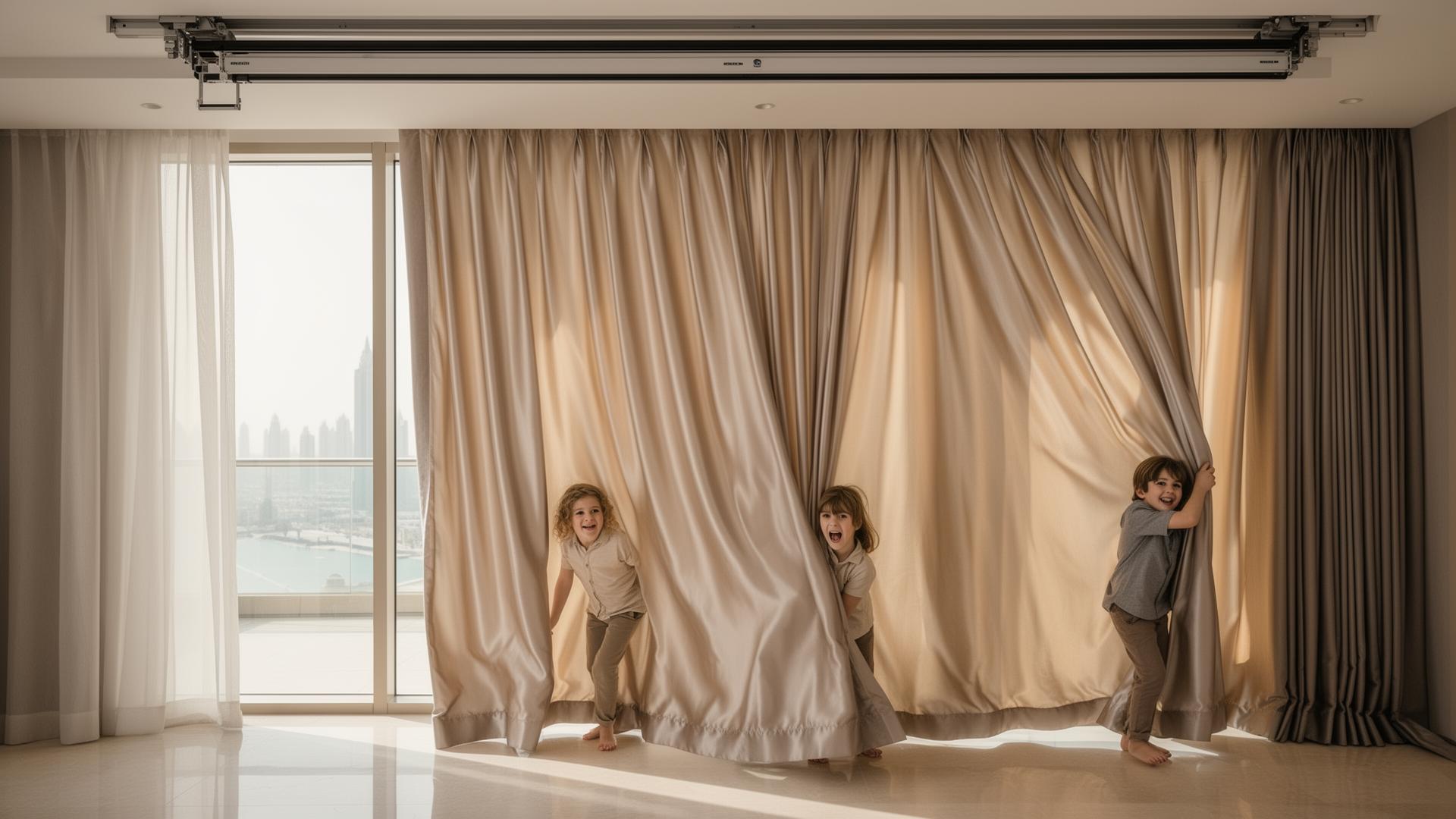Three children playing hide-and-seek behind heavy champagne silk drapes hung from a ceiling-mounted motorized track in a Dubai penthouse.