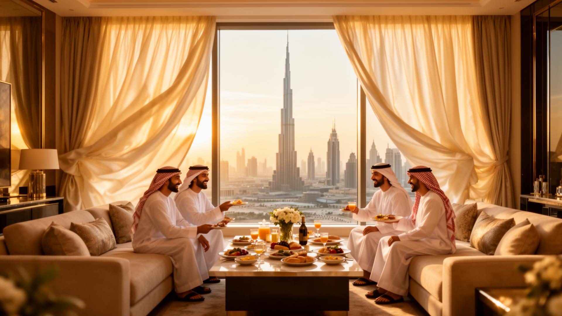 Family gathered around a breakfast table at sunrise in a Dubai penthouse, with floor-to-ceiling sheer ivory curtains drawn open onto a view of the Burj Khalifa.