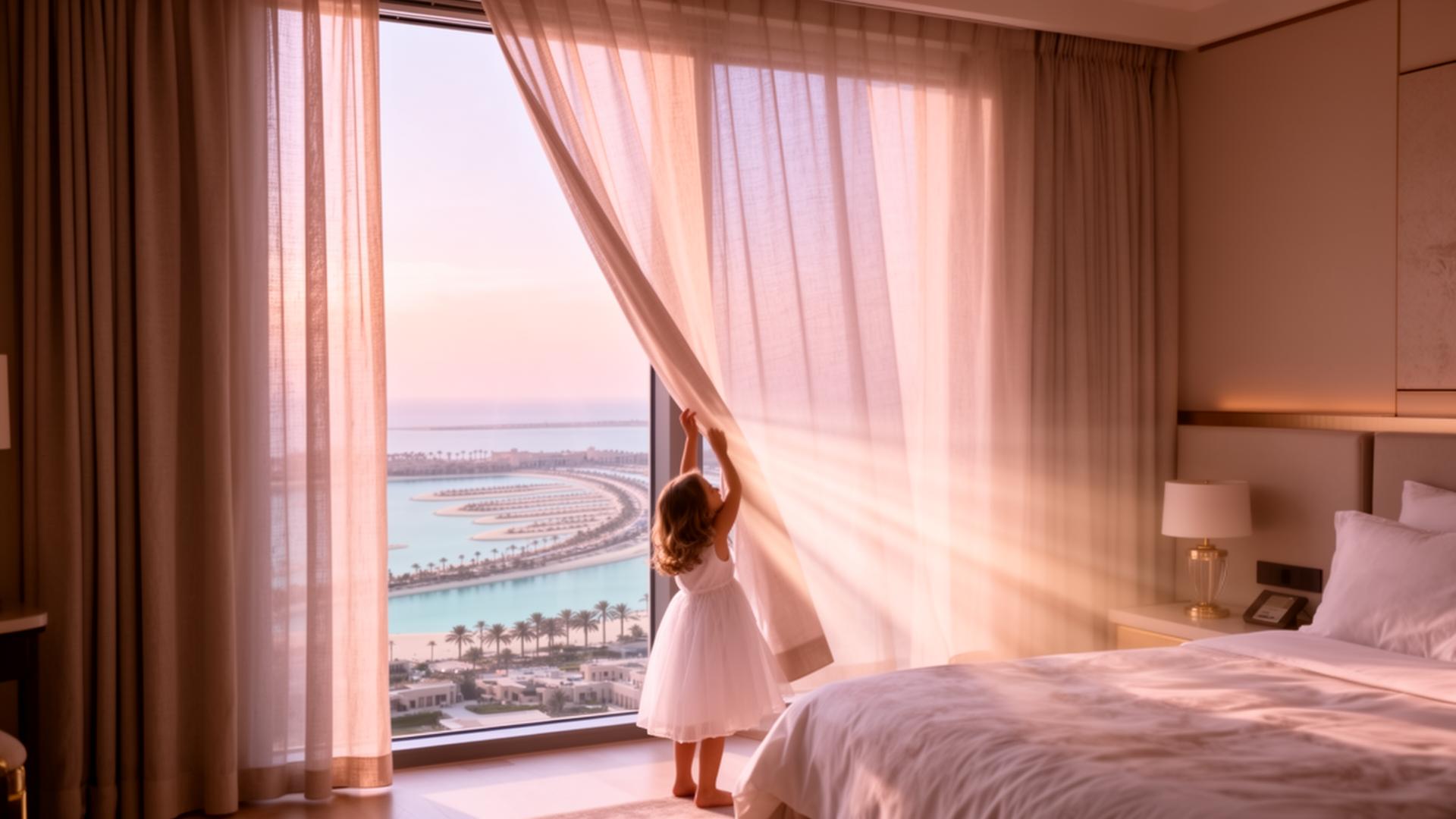 A young girl in a white dress reaching up to part a sheer linen curtain, revealing a soft pink sunset over Palm Jumeirah from a Dubai bedroom.