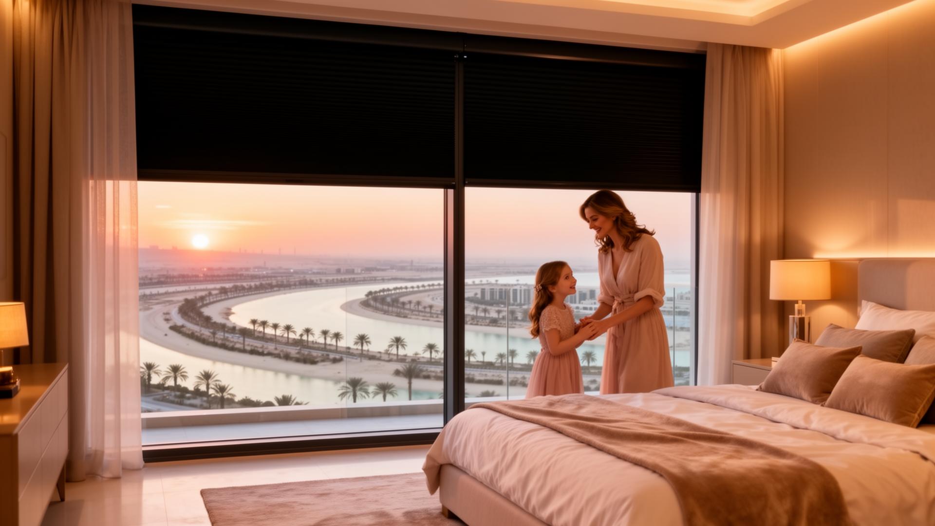 A mother and daughter watching the Palm Jumeirah sunset as motorized blackout blinds slowly close behind them.