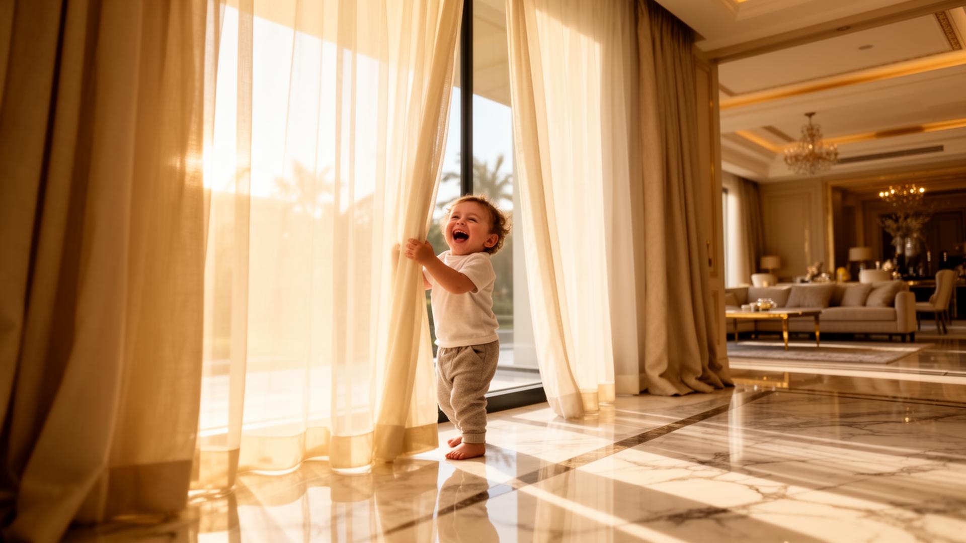 A laughing toddler in a Dubai villa pulling open tall ivory sheer curtains, with warm morning sunlight streaming across a marble floor.